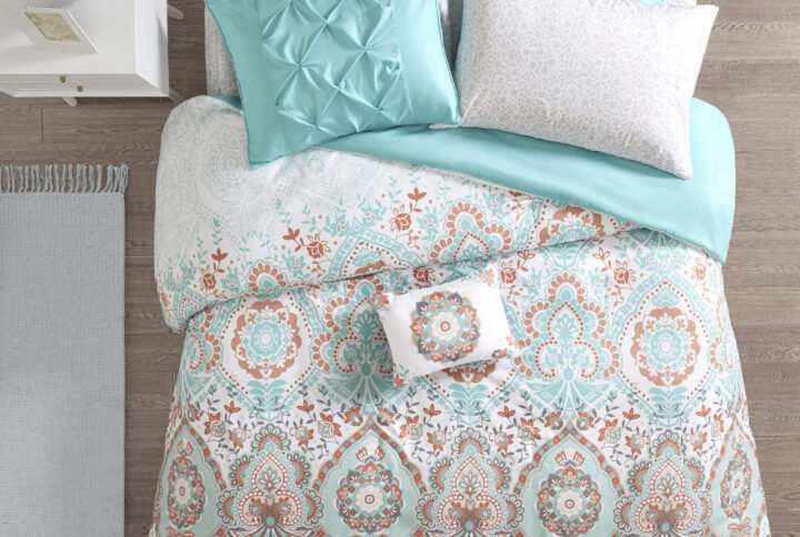 Vinnie Boho Comforter Set with Bed Sheets in Aqua From Intelligent Design