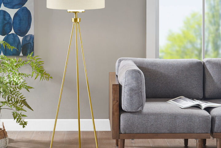 Pacific Metal Tripod Floor Lamp with Glass Shade in Gold From INK+IVY