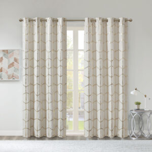 Raina Total Blackout Metallic Print Grommet Top Curtain Panel Pair in Ivory/Gold From Intelligent Design