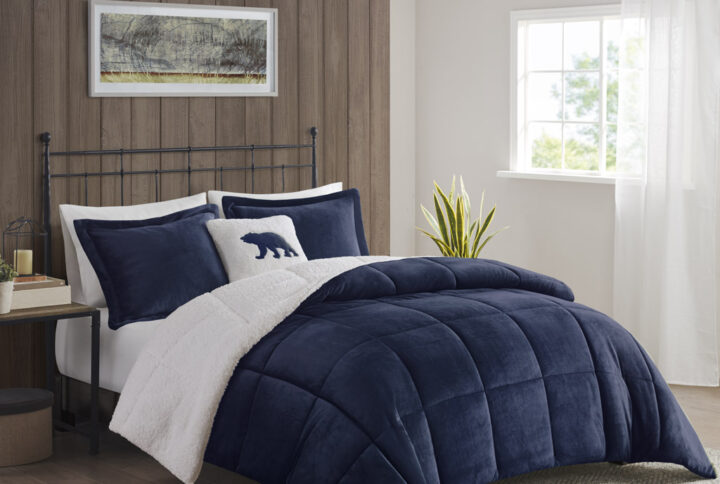 Alton Plush to Sherpa Down Alternative Comforter Set in Navy/Ivory From Woolrich