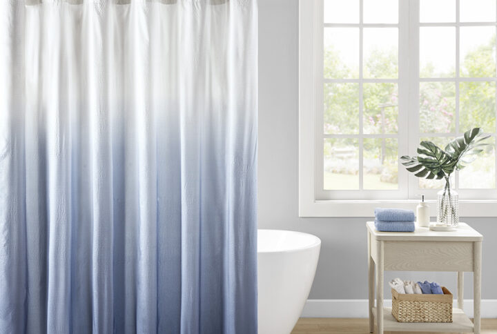 Ara Ombre Printed Seersucker Shower Curtain in Blue From Madison Park