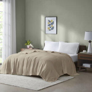 Freshspun Basketweave Cotton Blanket in Khaki From Madison Park