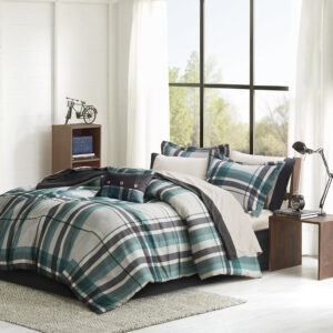 Robbie Plaid Comforter Set with Bed Sheets in Teal/Black From Intelligent Design