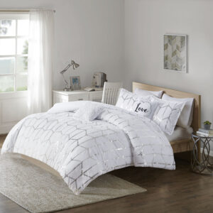 Raina Metallic Printed Comforter Set in White/Silver From Intelligent Design