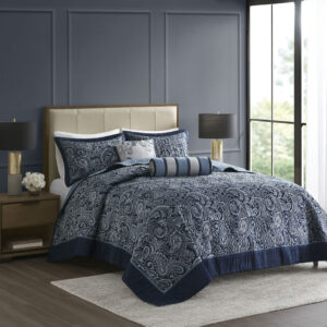 Aubrey 5 Piece Jacquard Bedspread Set with Throw Pillows in Navy From Madison Park