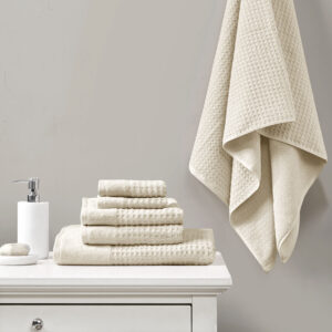 Spa Waffle Cotton Waffle Jacquard Antimicrobial Bath Towel 6 Piece Set in Natural From Madison Park