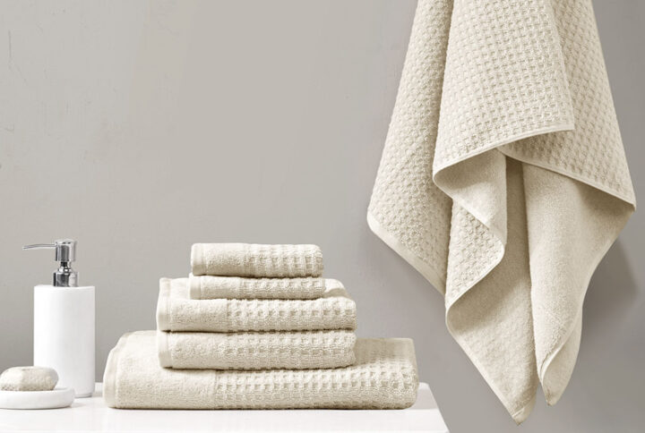 Spa Waffle Cotton Waffle Jacquard Antimicrobial Bath Towel 6 Piece Set in Natural From Madison Park