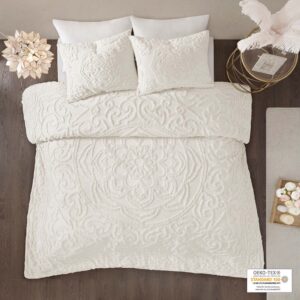 Laetitia 3-Piece Tufted Cotton Chenille Medallion Duvet Cover Set in Off-White From Madison Park