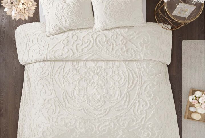 Laetitia 3-Piece Tufted Cotton Chenille Medallion Duvet Cover Set in Off-White From Madison Park