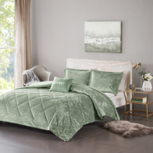 Felicia Velvet Duvet Cover Set with Throw Pillow in Green From Intelligent Design