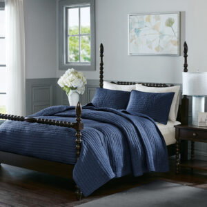 Serene 3 Piece Hand Quilted Cotton Quilt Set in Blue From Madison Park Signature