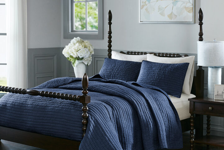 Serene 3 Piece Hand Quilted Cotton Quilt Set in Blue From Madison Park Signature