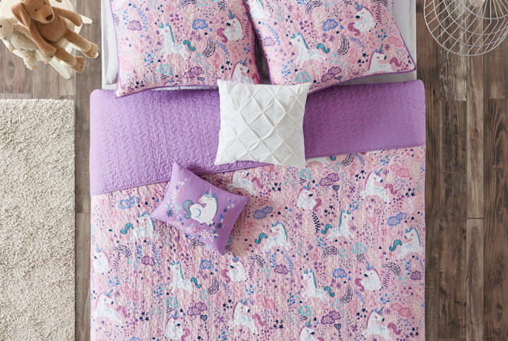 Lola Unicorn Reversible Cotton  Quilt Set with Throw Pillows in Pink From Urban Habitat Kids