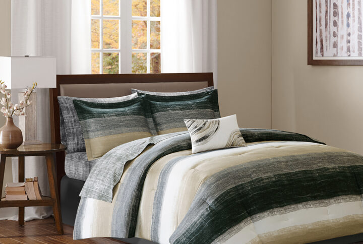 Saben 9 Piece Comforter Set with Cotton Bed Sheets in Taupe From Madison Park Essentials