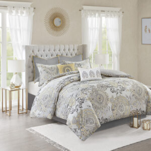 Isla 8 Piece Cotton Floral Printed Reversible Comforter Set in Yellow From Madison Park