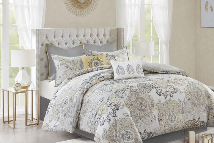 Isla 8 Piece Cotton Floral Printed Reversible Comforter Set in Yellow From Madison Park