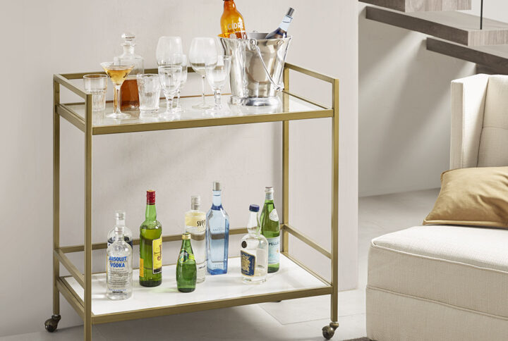 Lionel Two Tier Bar Cart on Wheels in Antique Gold From Martha Stewart