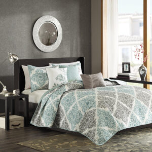 Claire 6 Piece Printed Quilt Set with Throw Pillows in Aqua From Madison Park