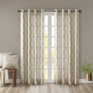 Saratoga Fretwork Print Grommet Top Window Curtain Panel in Beige/Grey From Madison Park