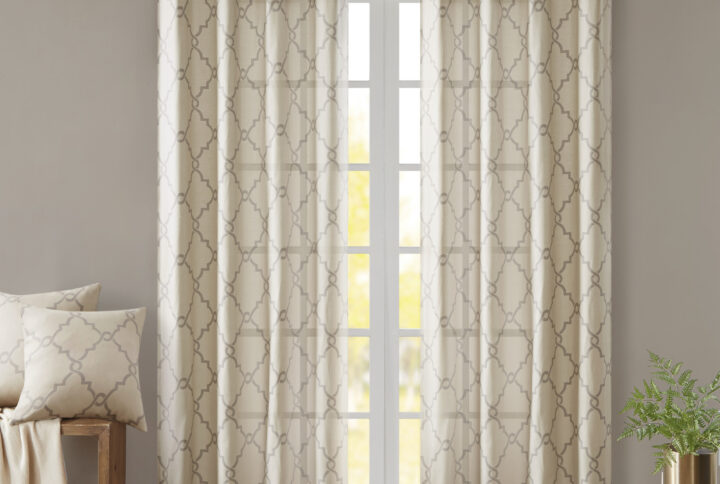 Saratoga Fretwork Print Grommet Top Window Curtain Panel in Beige/Grey From Madison Park