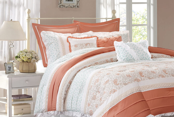 Dawn 9 Piece Cotton Percale Comforter Set in Coral From Madison Park