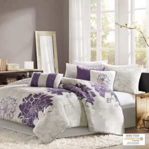 Lola Printed Cotton Sateen Comforter Set in Taupe Grey/Purple From Madison Park