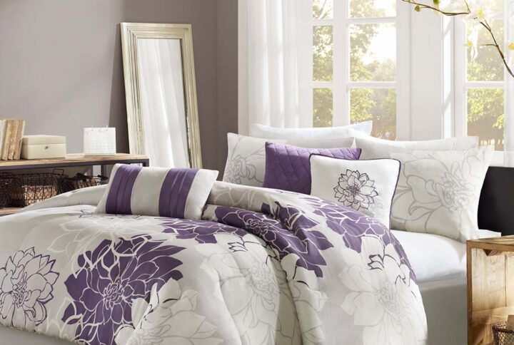 Lola Printed Cotton Sateen Comforter Set in Taupe Grey/Purple From Madison Park