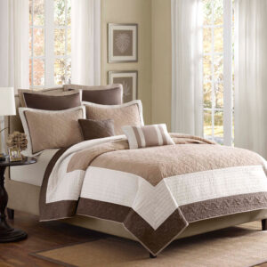 Attingham 7 Piece Quilt Set with Euro Shams and Throw Pillows in Beige From Madison Park