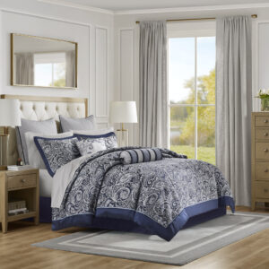 Aubrey 12 Piece Comforter Set with Cotton Bed Sheets in Navy From Madison Park