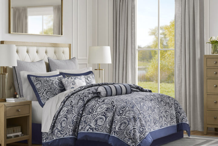 Aubrey 12 Piece Comforter Set with Cotton Bed Sheets in Navy From Madison Park