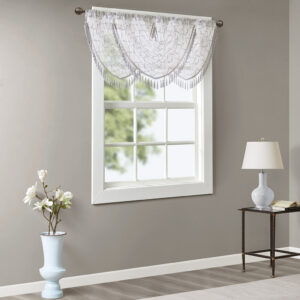 Irina Diamond Sheer Embroidered Waterfall Valance in White/Grey From Madison Park