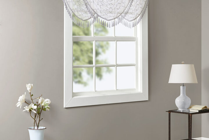 Irina Diamond Sheer Embroidered Waterfall Valance in White/Grey From Madison Park