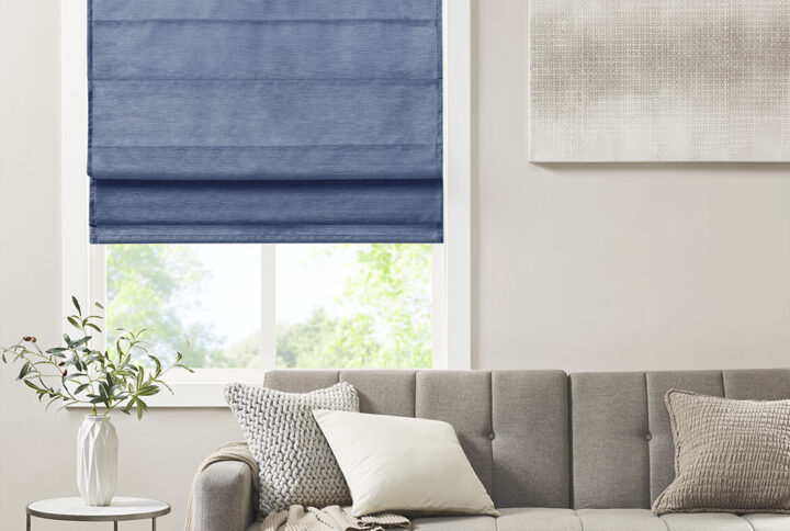 Como Printed Faux Silk Room Darkening Cordless Roman Shade in Blue From Madison Park