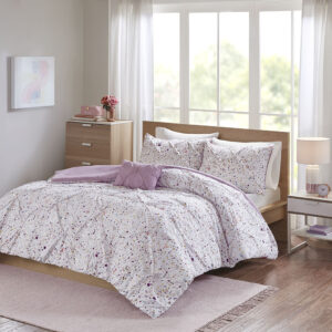 Abby Metallic Printed and Pintucked Duvet Cover Set in Plum From Intelligent Design