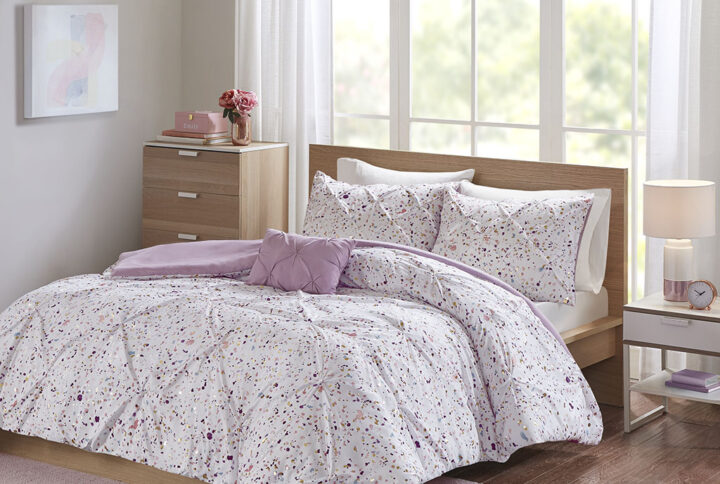 Abby Metallic Printed and Pintucked Duvet Cover Set in Plum From Intelligent Design