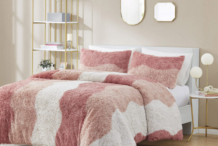 Cassie Ombre Shaggy Faux Fur Duvet Cover Set in Blush Multi From Intelligent Design