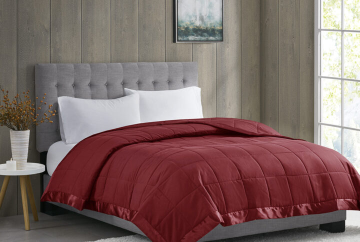 Windom Lightweight Down Alternative Blanket with Satin Trim in Burgundy From Madison Park