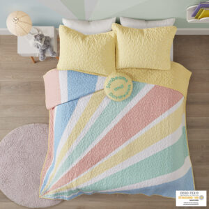 Rory Rainbow Sunburst Reversible Cotton Quilt Set with Throw Pillow in Yellow From Urban Habitat Kids