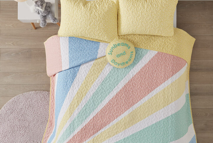 Rory Rainbow Sunburst Reversible Cotton Quilt Set with Throw Pillow in Yellow From Urban Habitat Kids