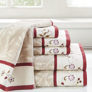 Serene Embroidered Cotton Jacquard 6 Piece Towel Set in Red From Madison Park