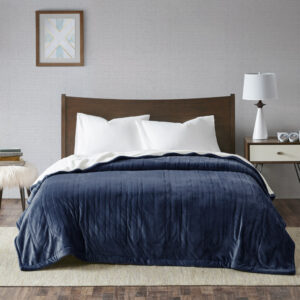 Ultra Soft Plush Reverses to Berber Heated Blanket in Indigo From True North by Sleep Philosophy