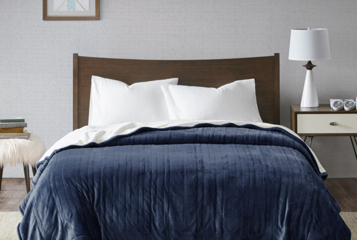 Ultra Soft Plush Reverses to Berber Heated Blanket in Indigo From True North by Sleep Philosophy