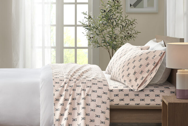 Cozy Flannel Printed Sheet Set in Pink French Bulldog From True North by Sleep Philosophy