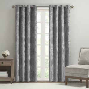 Amelia Knitted Jacquard Paisley Total Blackout Grommet Top Curtain Panel in Grey From SunSmart