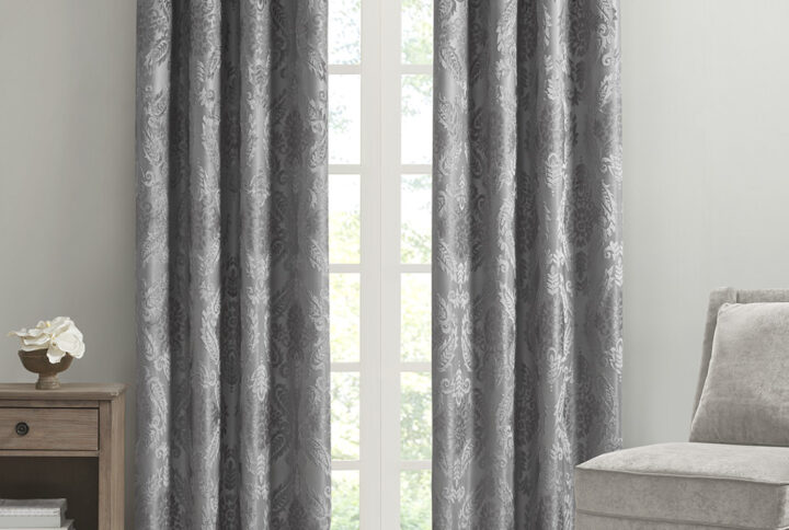 Amelia Knitted Jacquard Paisley Total Blackout Grommet Top Curtain Panel in Grey From SunSmart