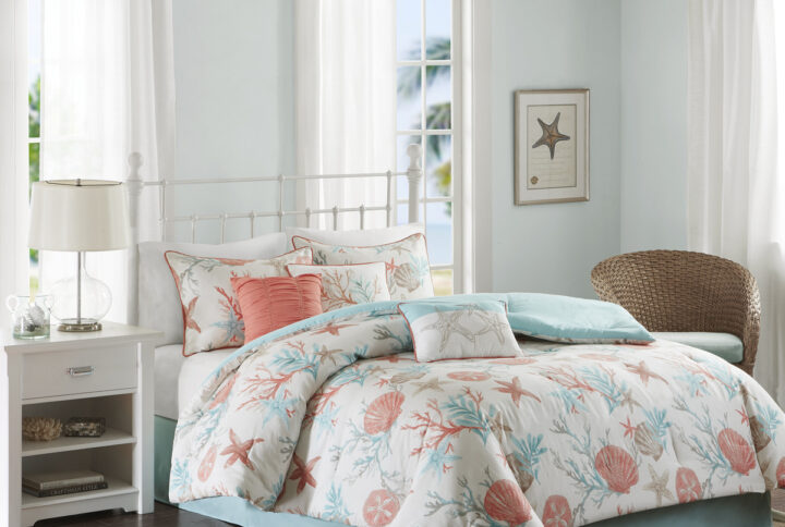 Pebble Beach 7 Piece Cotton Sateen Comforter Set in Coral From Madison Park