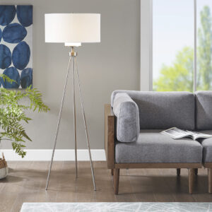 Pacific Tripod Metal Tripod Floor Lamp with Glass Shade in Silver From INK+IVY