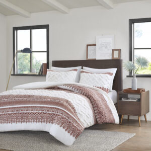 Mila 3 Piece Cotton Duvet Cover Set with Chenille Tufting in Auburn From INK+IVY