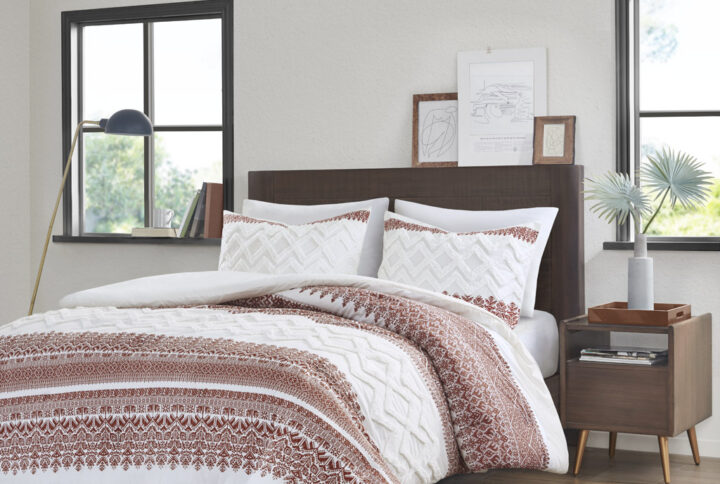 Mila 3 Piece Cotton Duvet Cover Set with Chenille Tufting in Auburn From INK+IVY