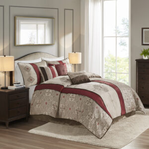 Donovan 7 Piece Jacquard Comforter Set with Throw Pillows in Red From Madison Park